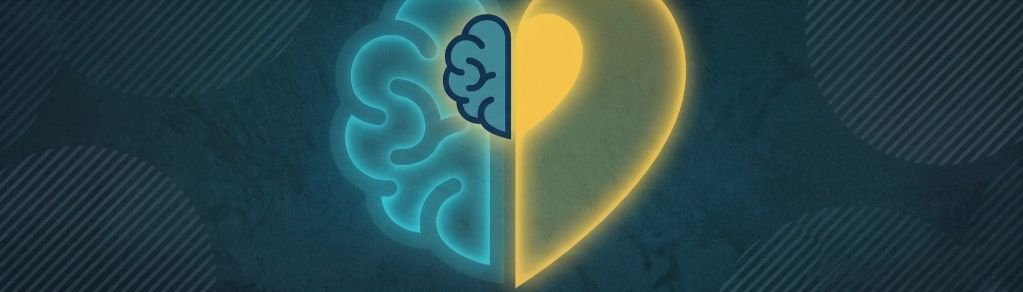 An illustrated brain in cyan and gold